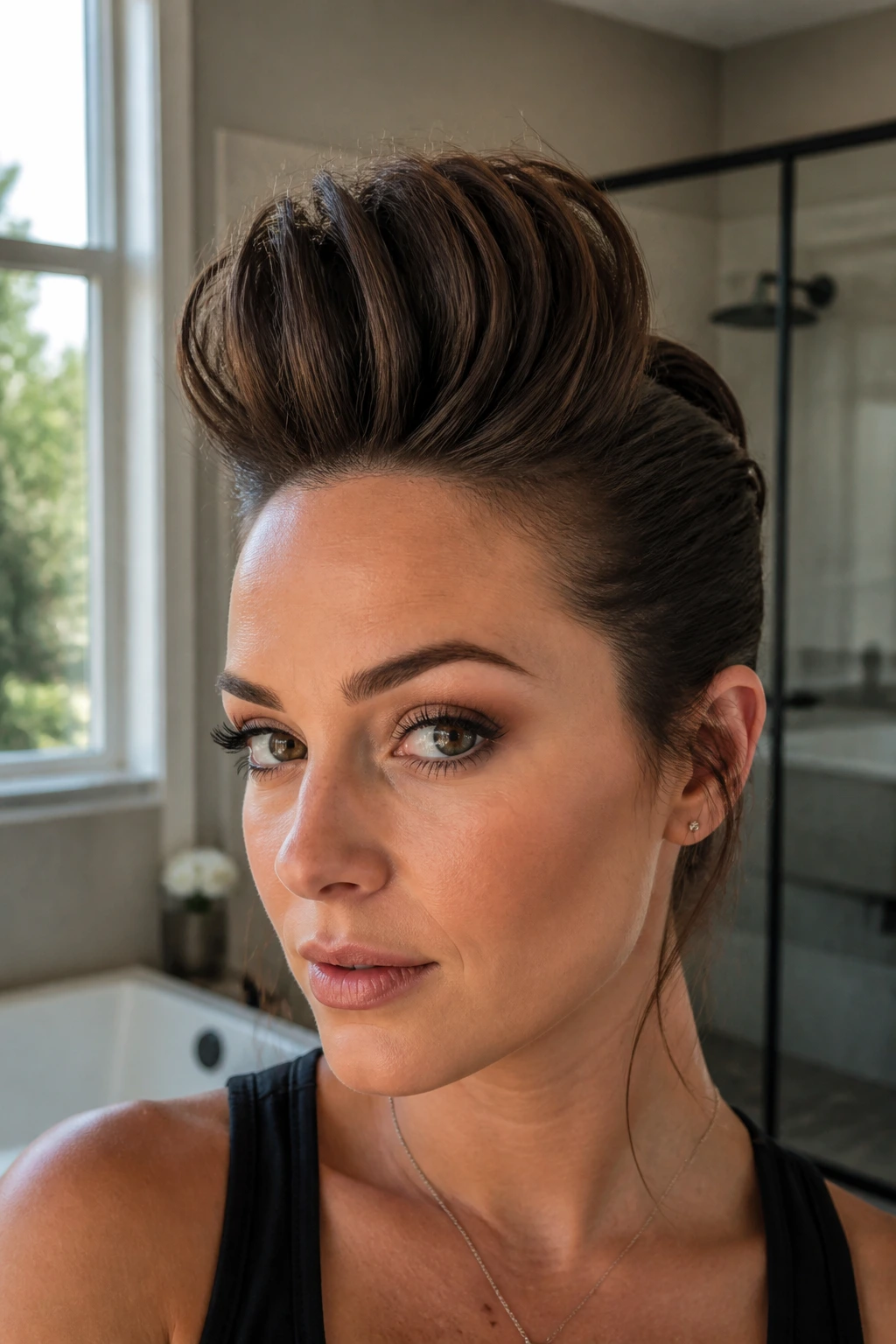 Close-up of a real person with a bold faux hawk poof centered on the crown.