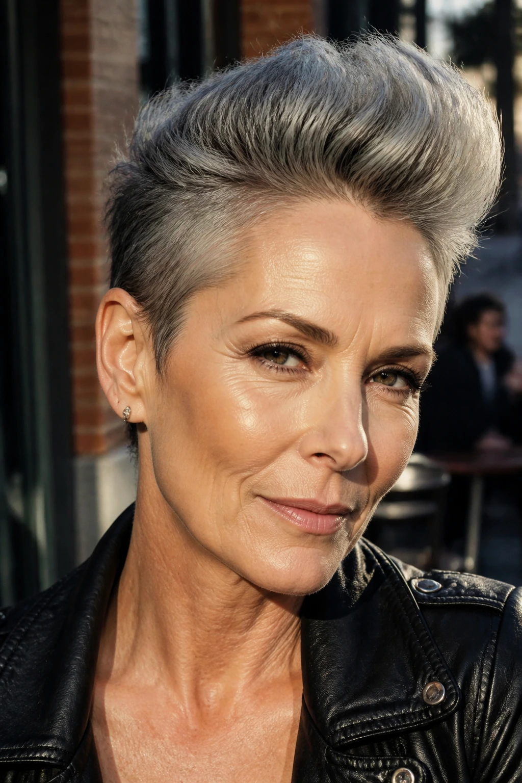 Portrait of a real woman with a softened faux hawk and center ridge.