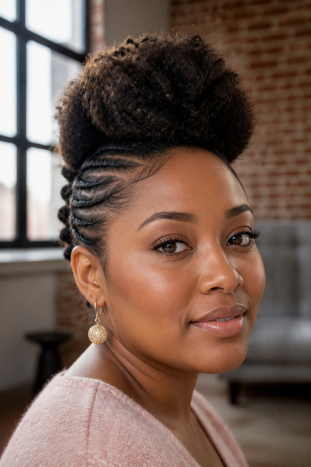 Close-up of a real woman with a soft faux hawk puff and smooth sides.