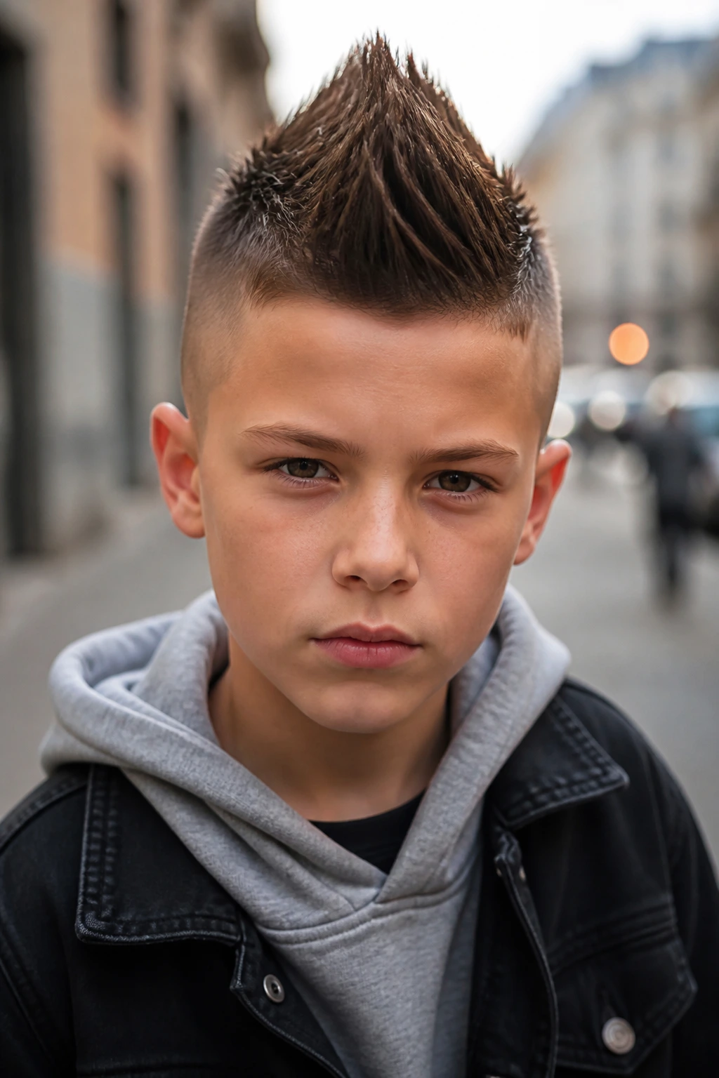 Close-up portrait of a real boy with a faux hawk quiff