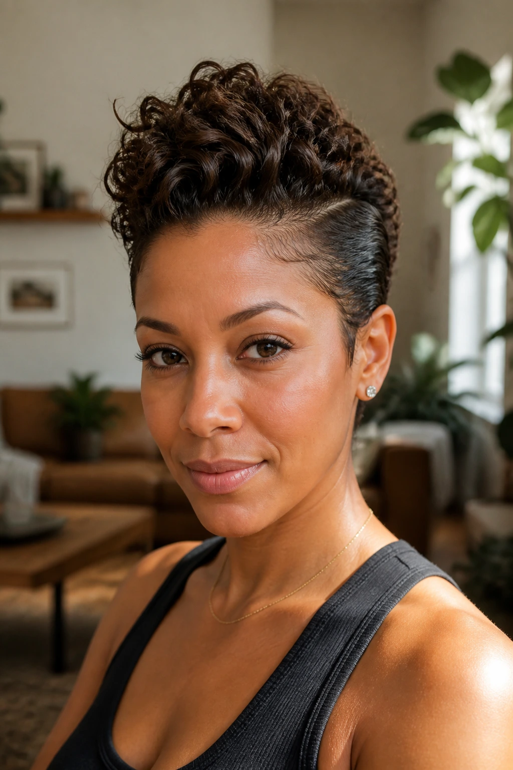 Close-up of a real woman with a faux hawk for short curly hair, lifted center ridge, soft sides.