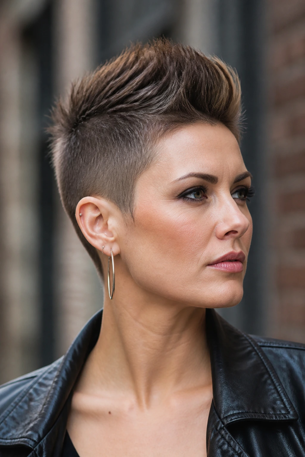 Portrait of a real person with a short faux hawk in an outdoor urban setting