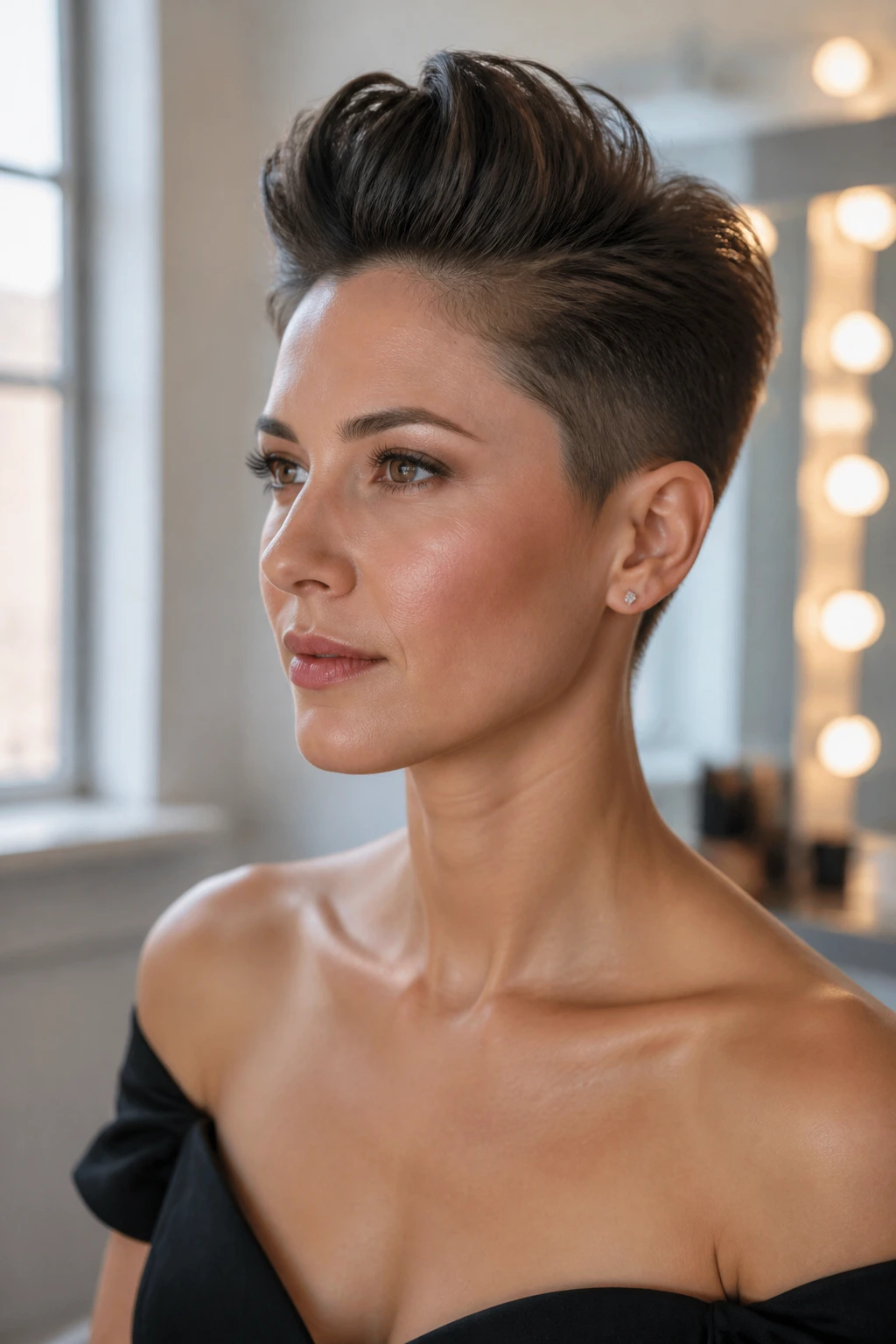 Close-up of a real person with a sculpted faux hawk on short hair