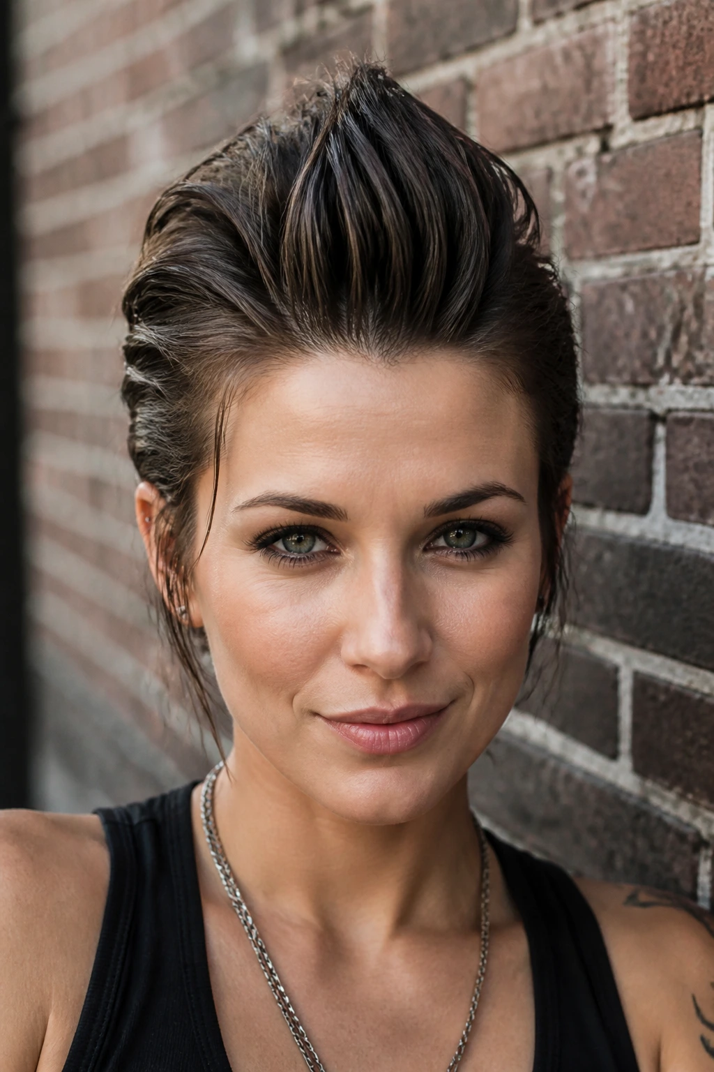 Close-up portrait of a real person with a soft faux hawk on short hair