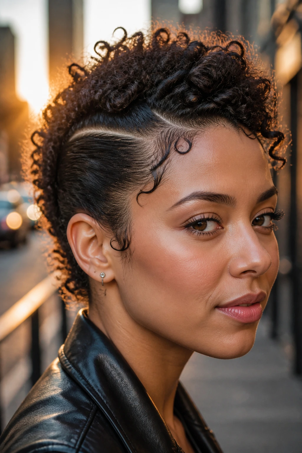 Close-up portrait of a real person with a faux hawk and side definition.