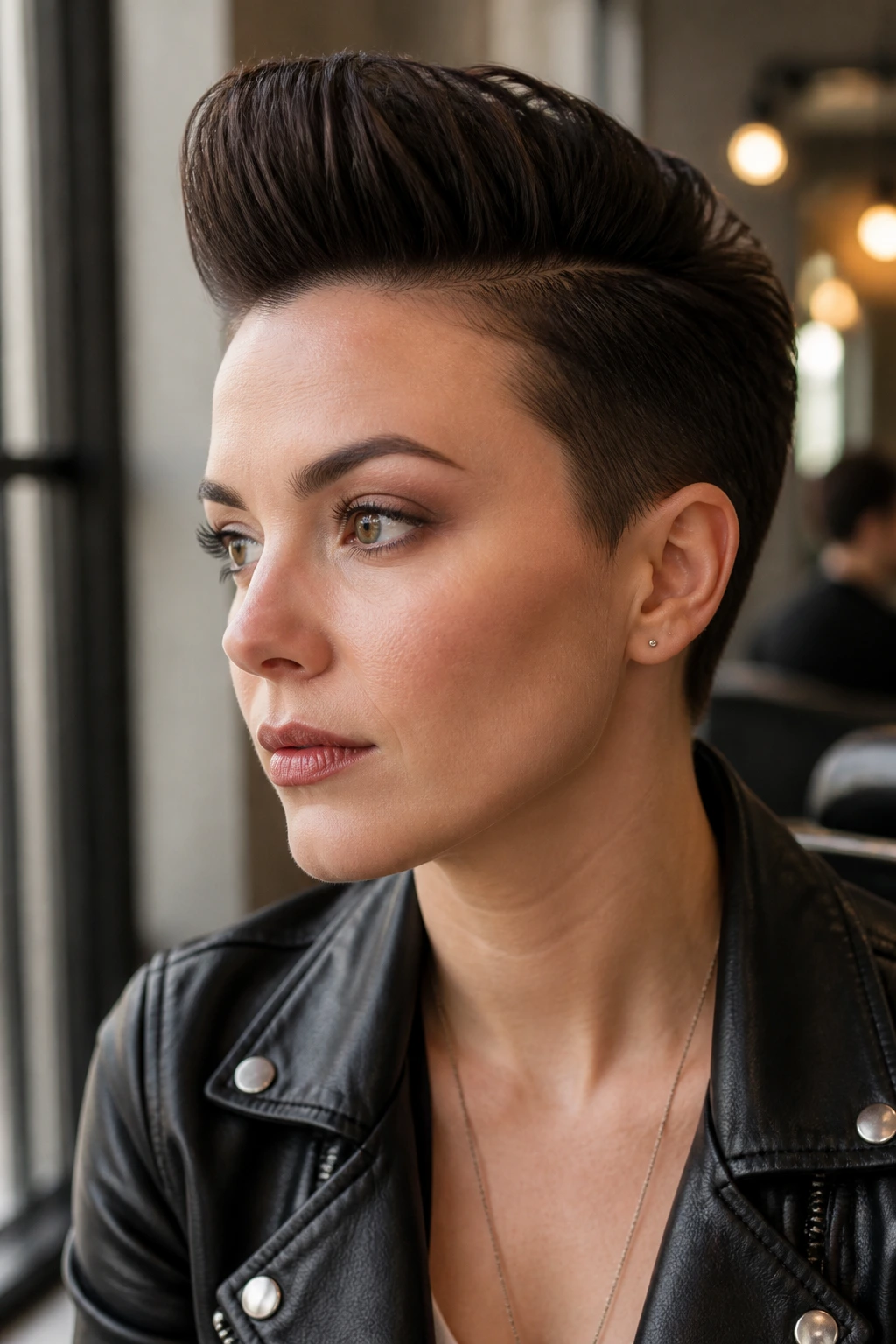 Close-up portrait of a real person with a sculpted faux hawk and sleek sides.