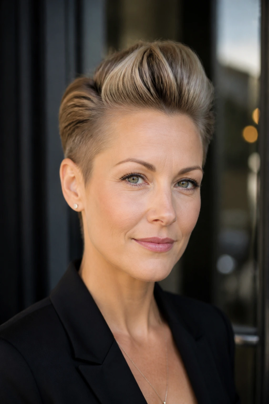Close-up of a real person with a subtle faux hawk sweep