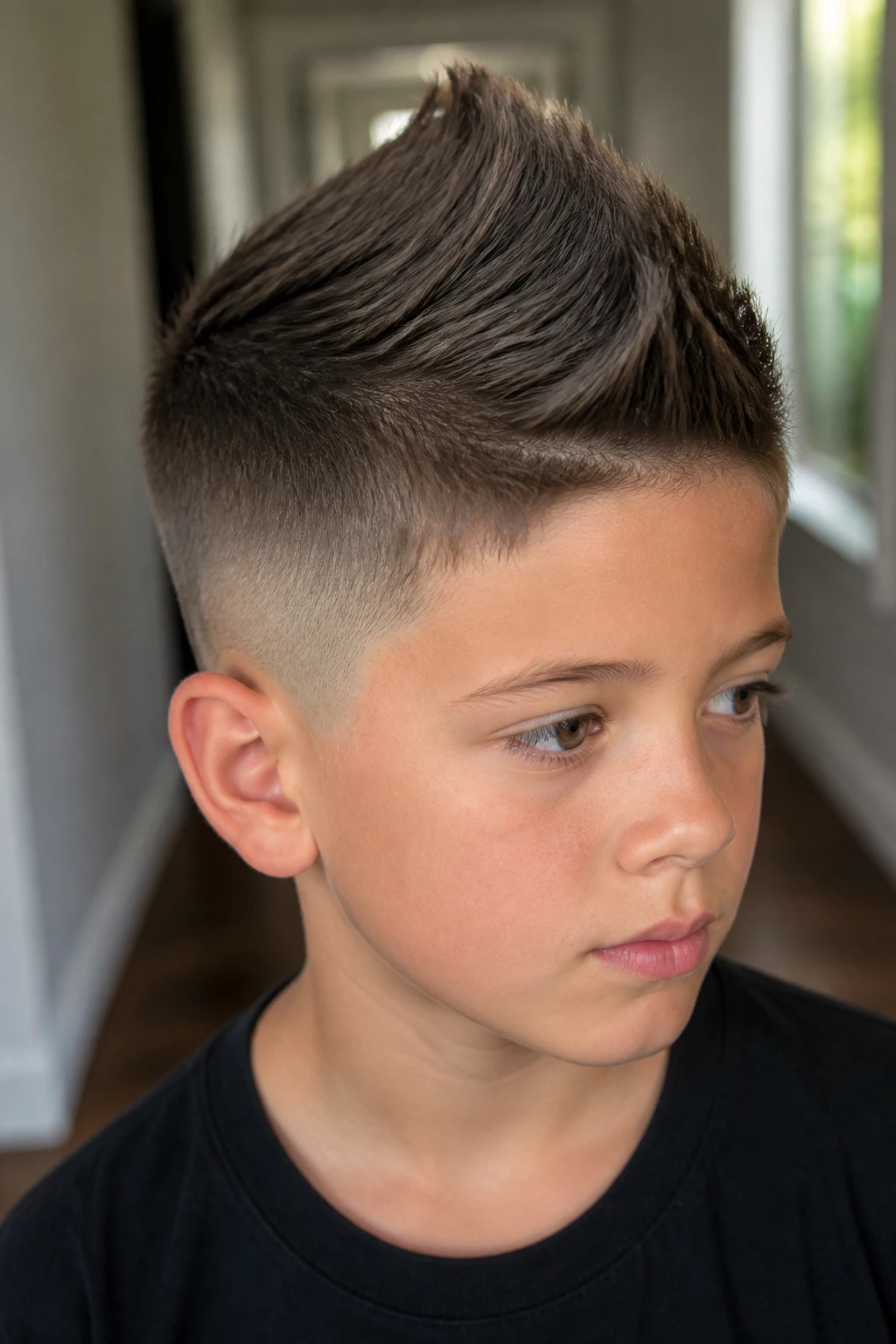 Close-up of a real boy's faux hawk with taper fade in natural light