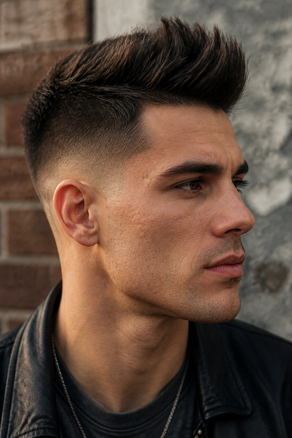 Close-up of a man with a faux hawk taper fade in a trendy setting.