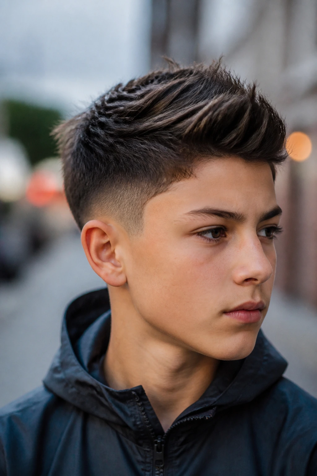 Boy with faux hawk taper in urban outdoor setting