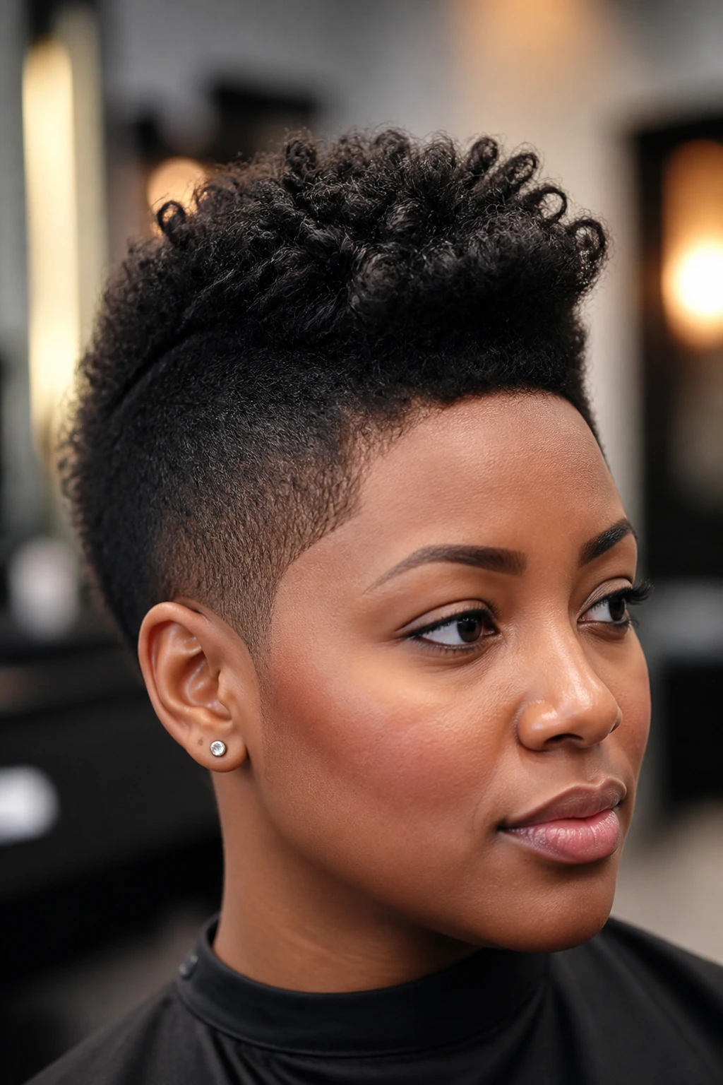 Close-up of a real person with a faux hawk and tapered sides in warm lighting