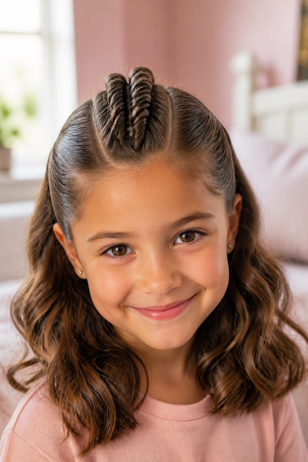 Close-up of a real young girl with a faux-hawk twist row hairstyle in soft daylight