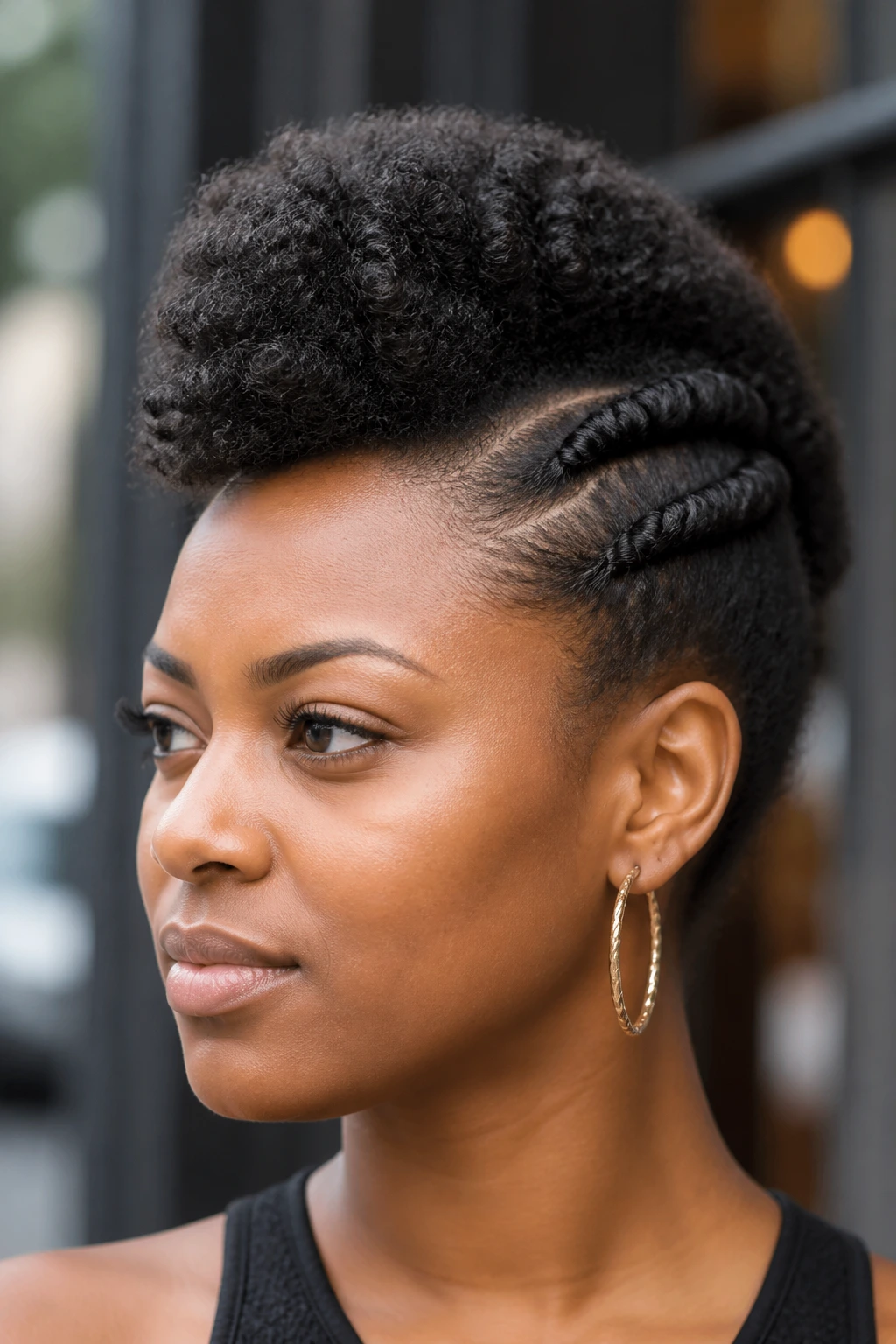 Close-up of faux hawk with two flat twists on a real woman