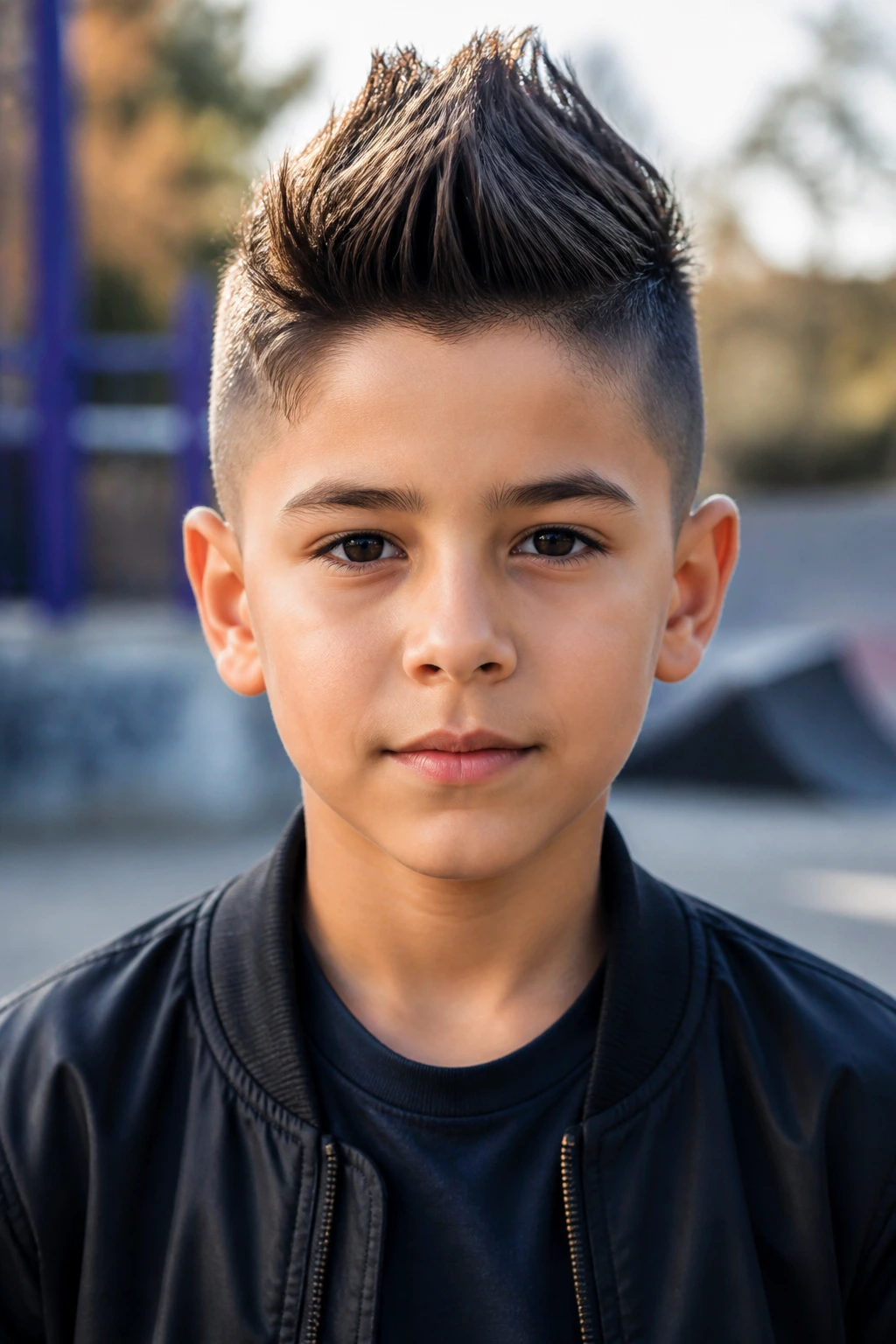 Close-up portrait of a real boy with a faux hawk undercut in an urban setting