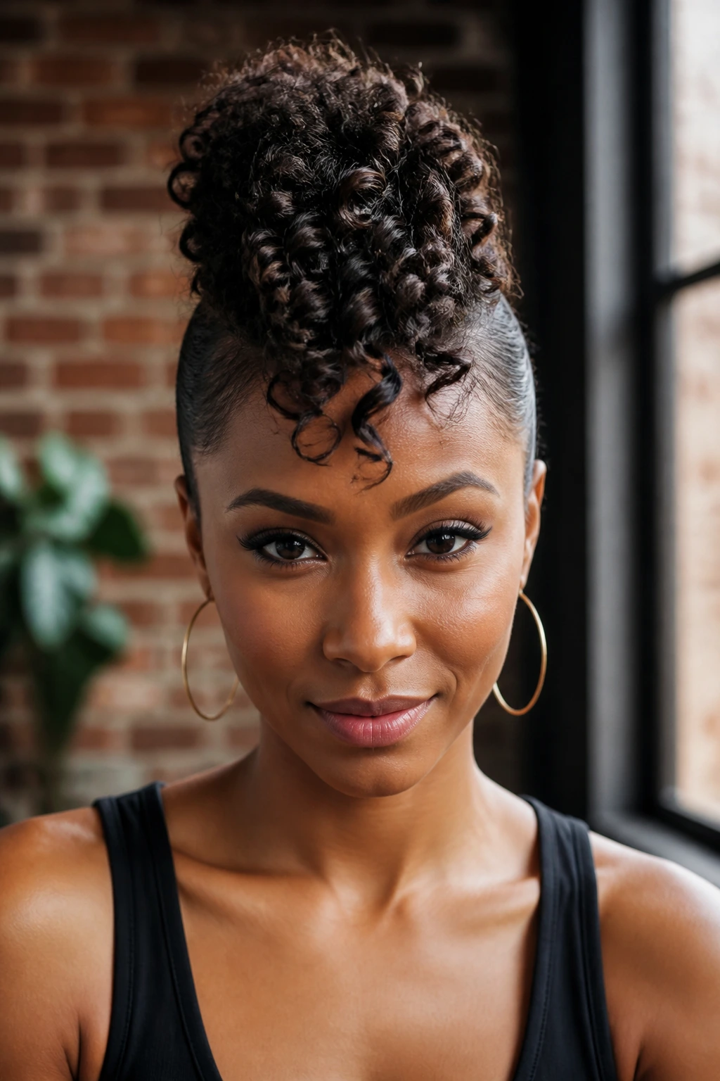 Real person with a centered faux hawk wand curls hairstyle