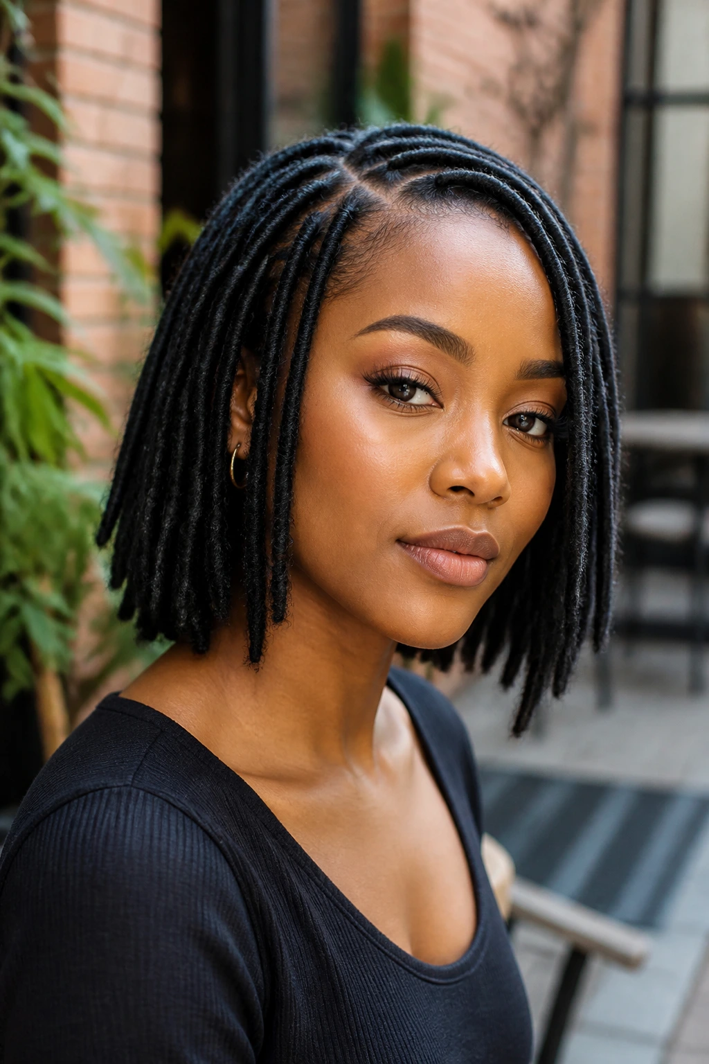 Close-up of a woman with a faux loc bob and vertical locs
