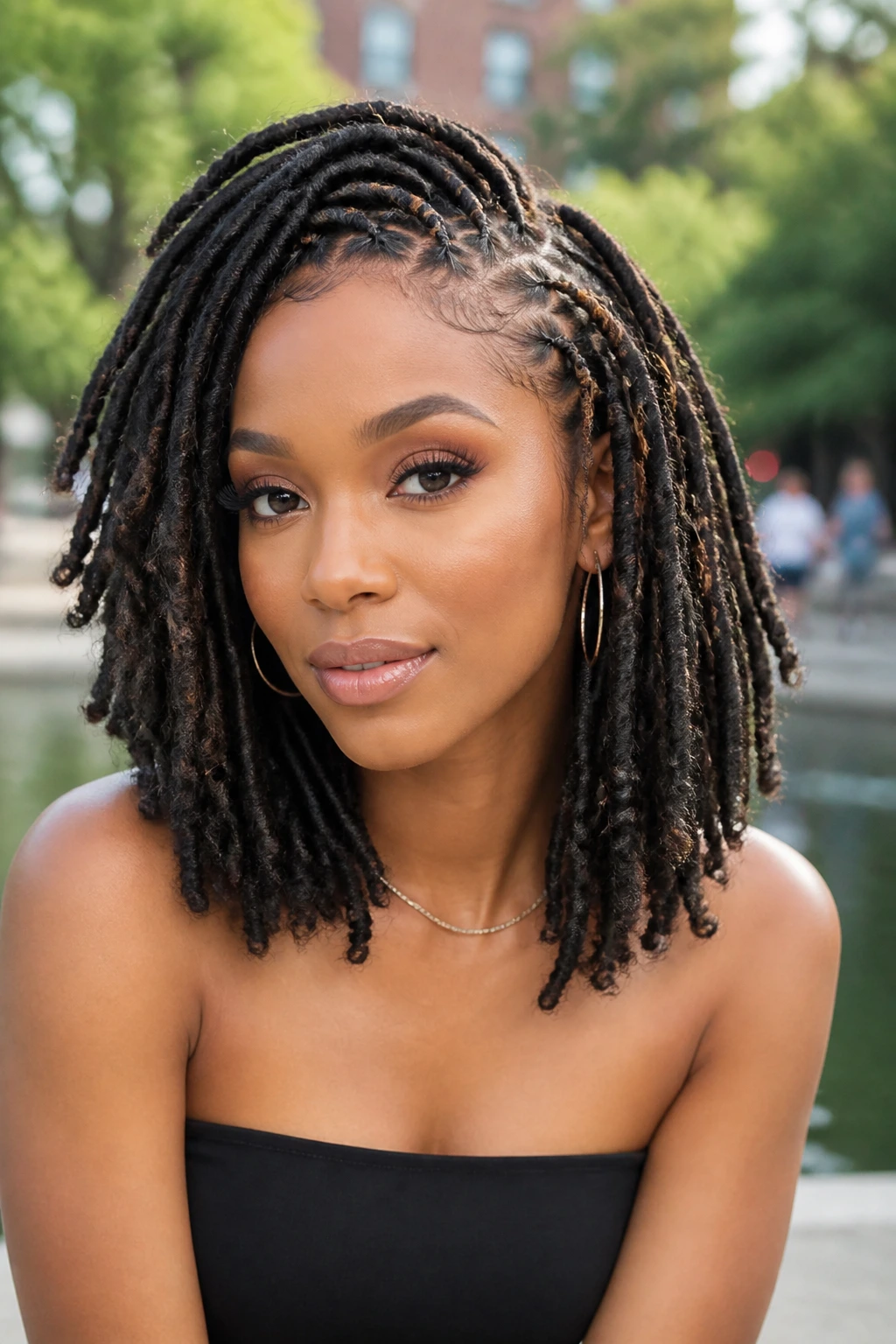 Real woman with faux loc and braid hybrid wig in daylight outdoors