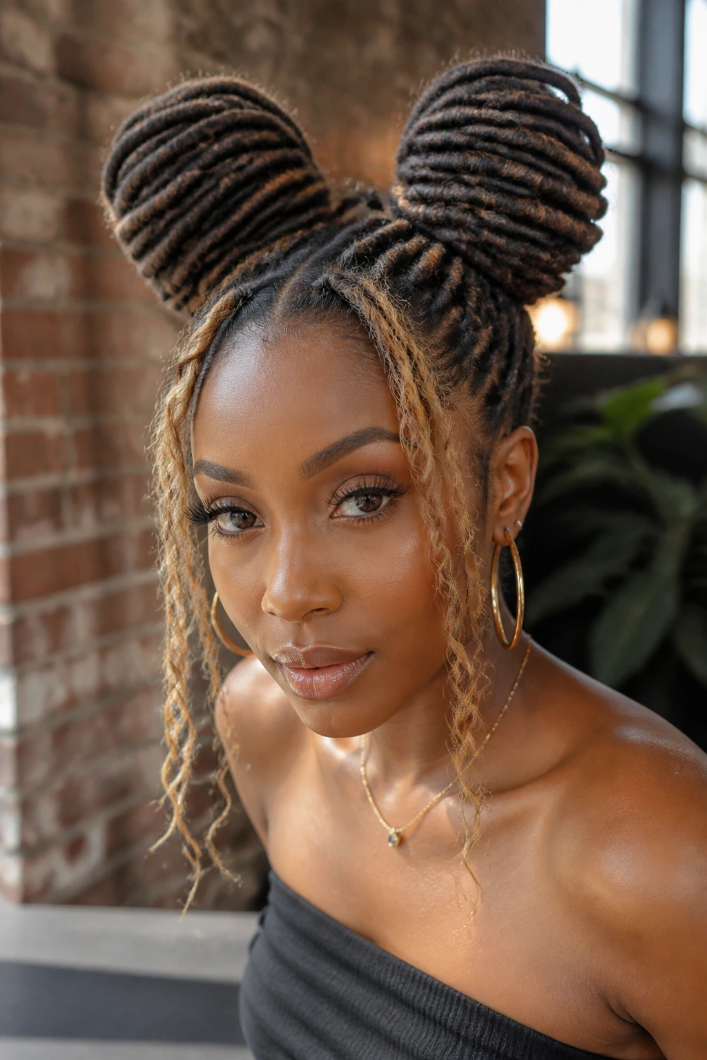 Real woman with faux loc double buns featuring sculpted textured coils