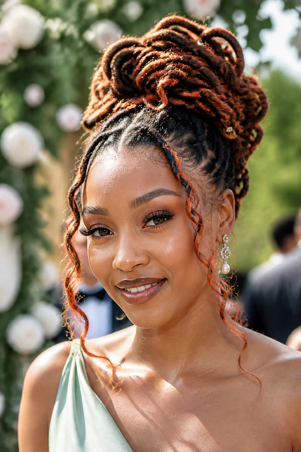 Portrait of a woman with Faux Loc Crochet Updo and copper face tendrils in garden light