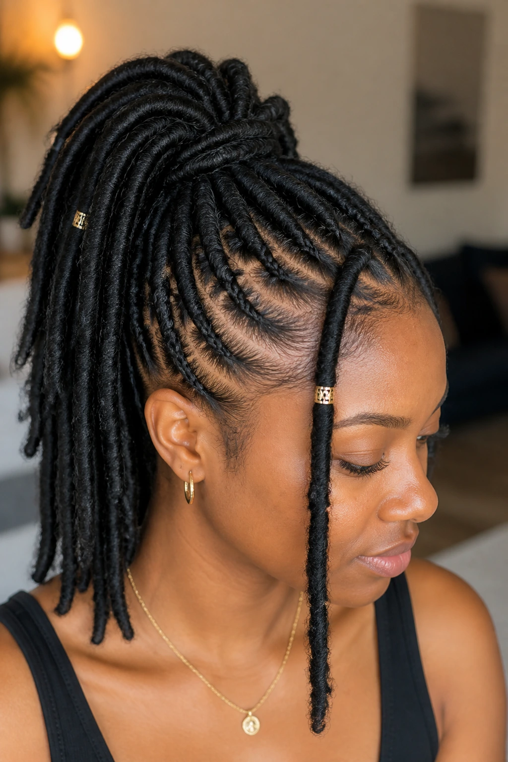 Close-up of real woman with cornrow base and faux loc ponytail in warm indoor light