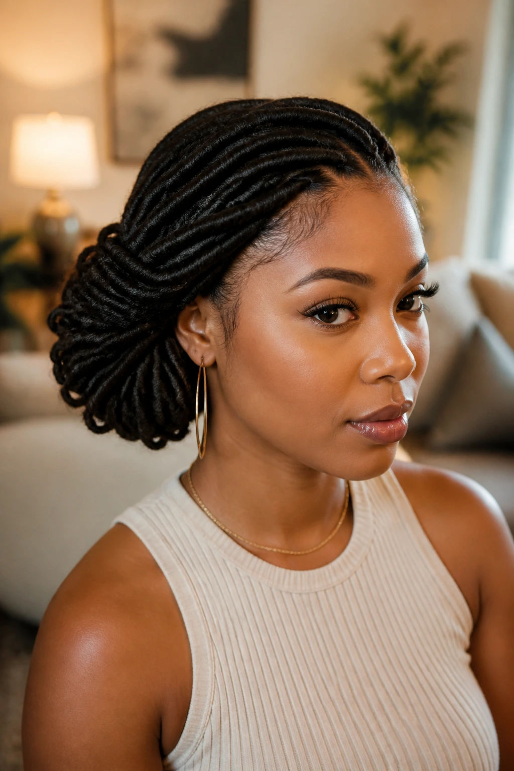 Close-up of a real person with faux locs in a low side bun with hidden pins