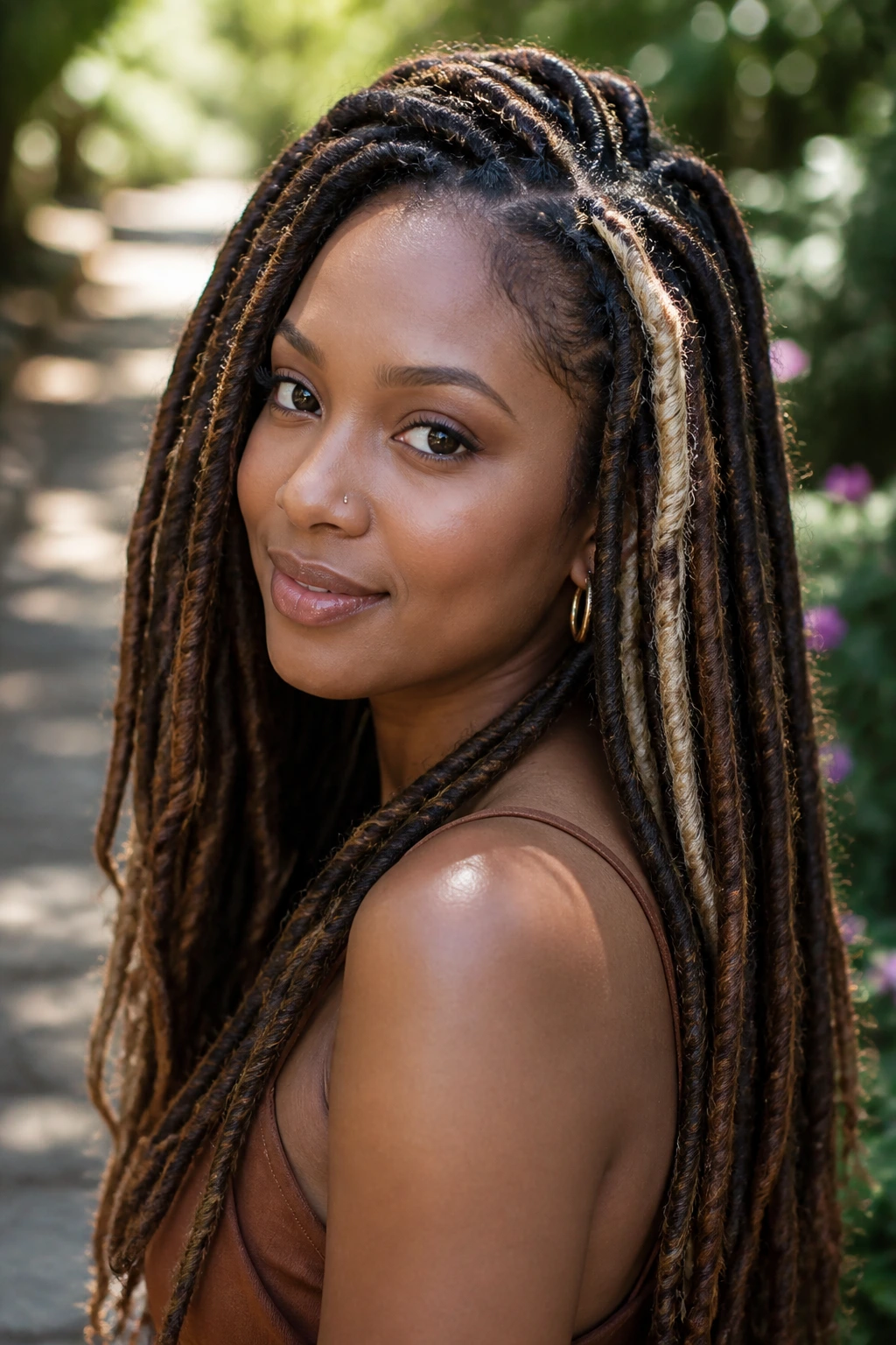 Close-up of faux locs with earthy babylights on a real woman