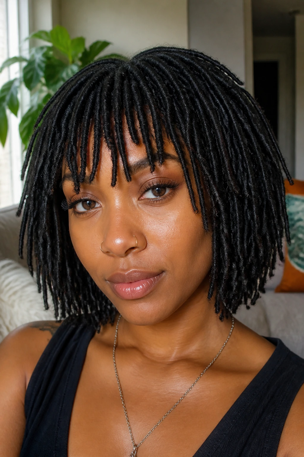 Close-up of a real person with a faux loc bob and shaken-up bangs in a sunlit living room.