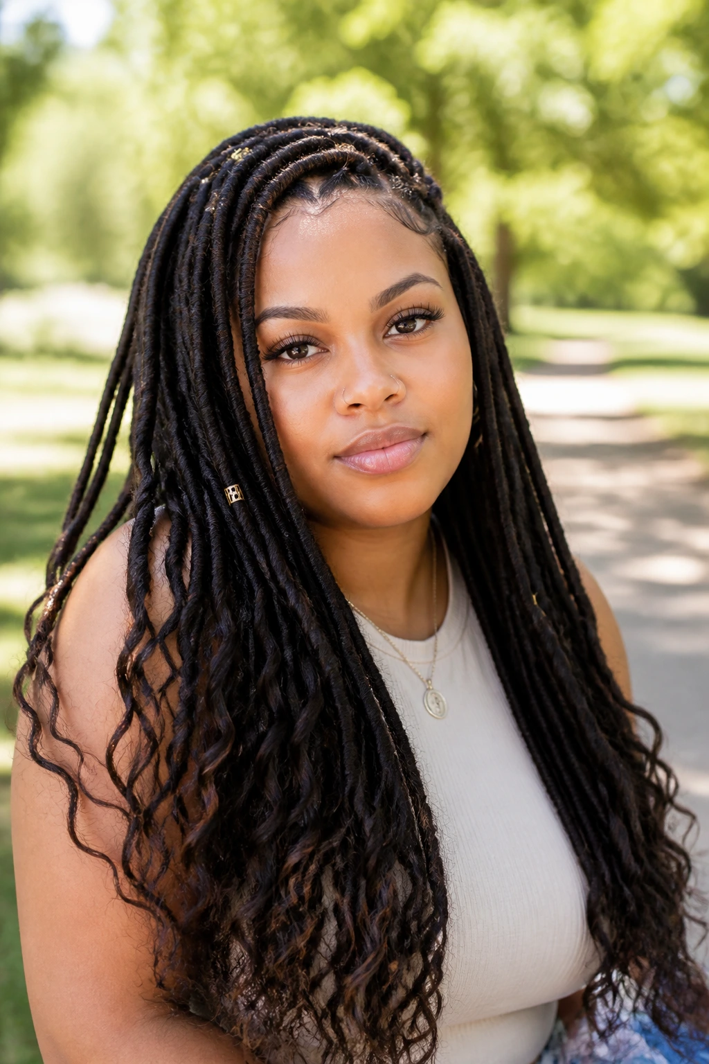 Close-up of a real woman with faux locs featuring loose beachy ends in a sunlit park.