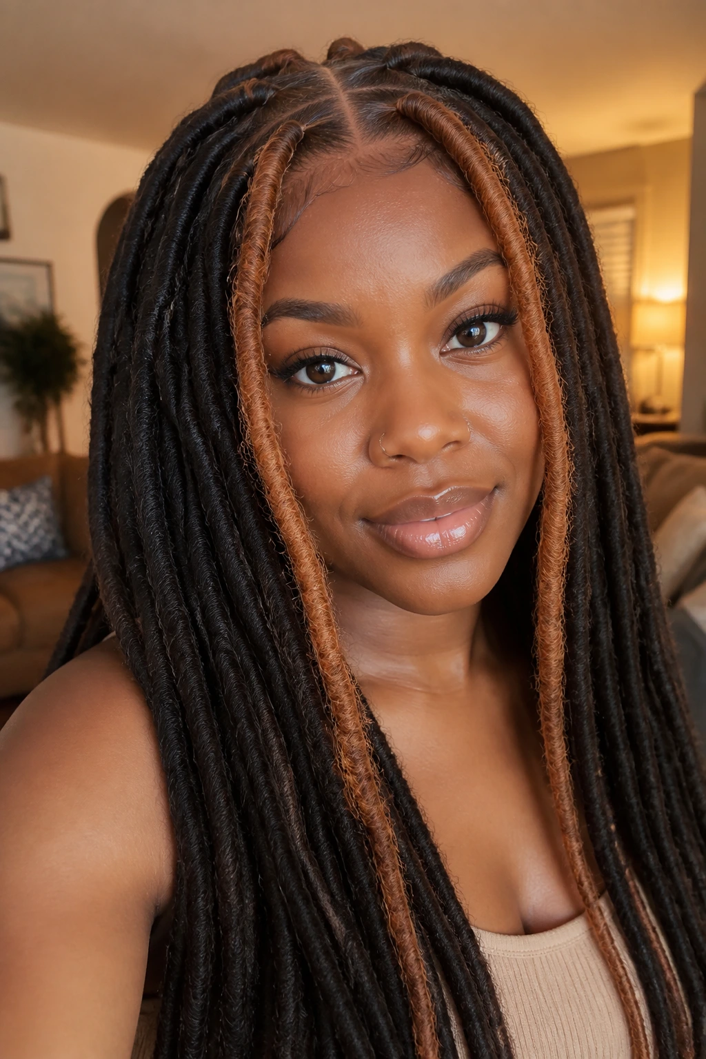 Portrait of a woman with deep brown faux locs and cinnamon front strands