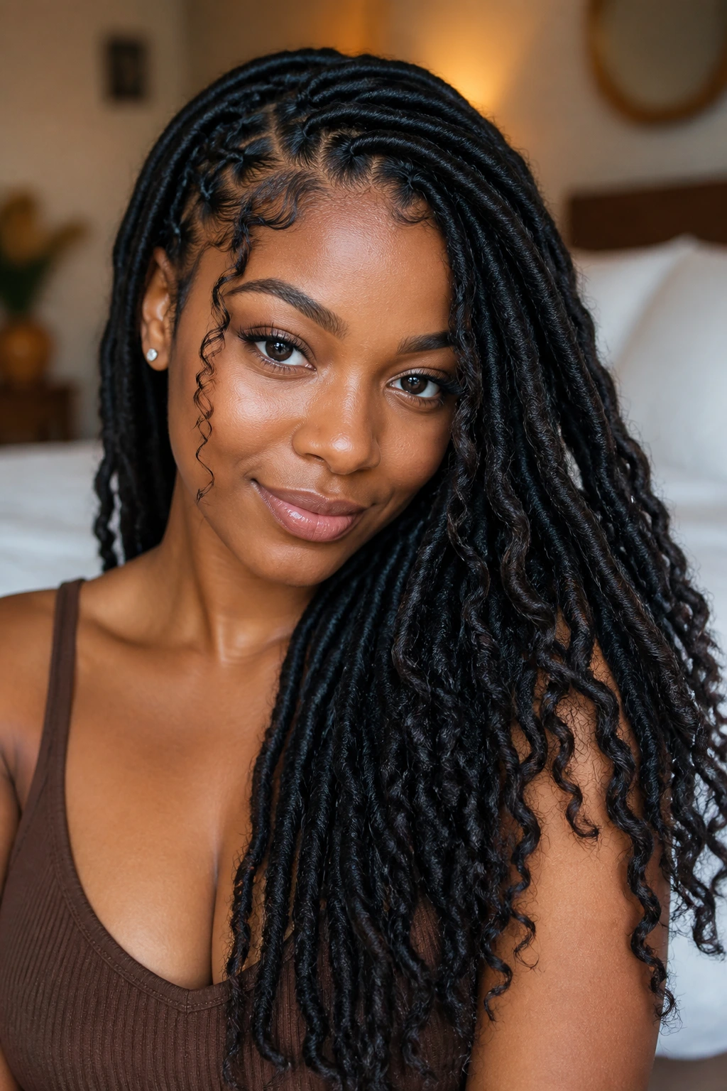 Close-up portrait of a woman with side-part faux locs and face-framing curls