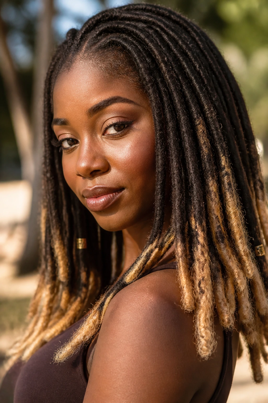 Faux locs with golden blond ends on real person, close-up portrait