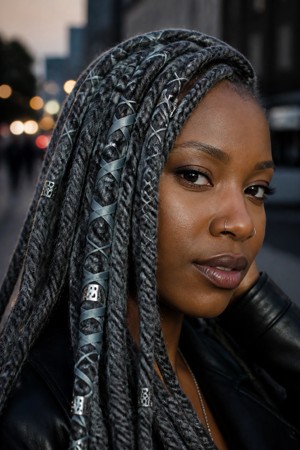 Real person with faux locs graphite gray ribbons, close-up.