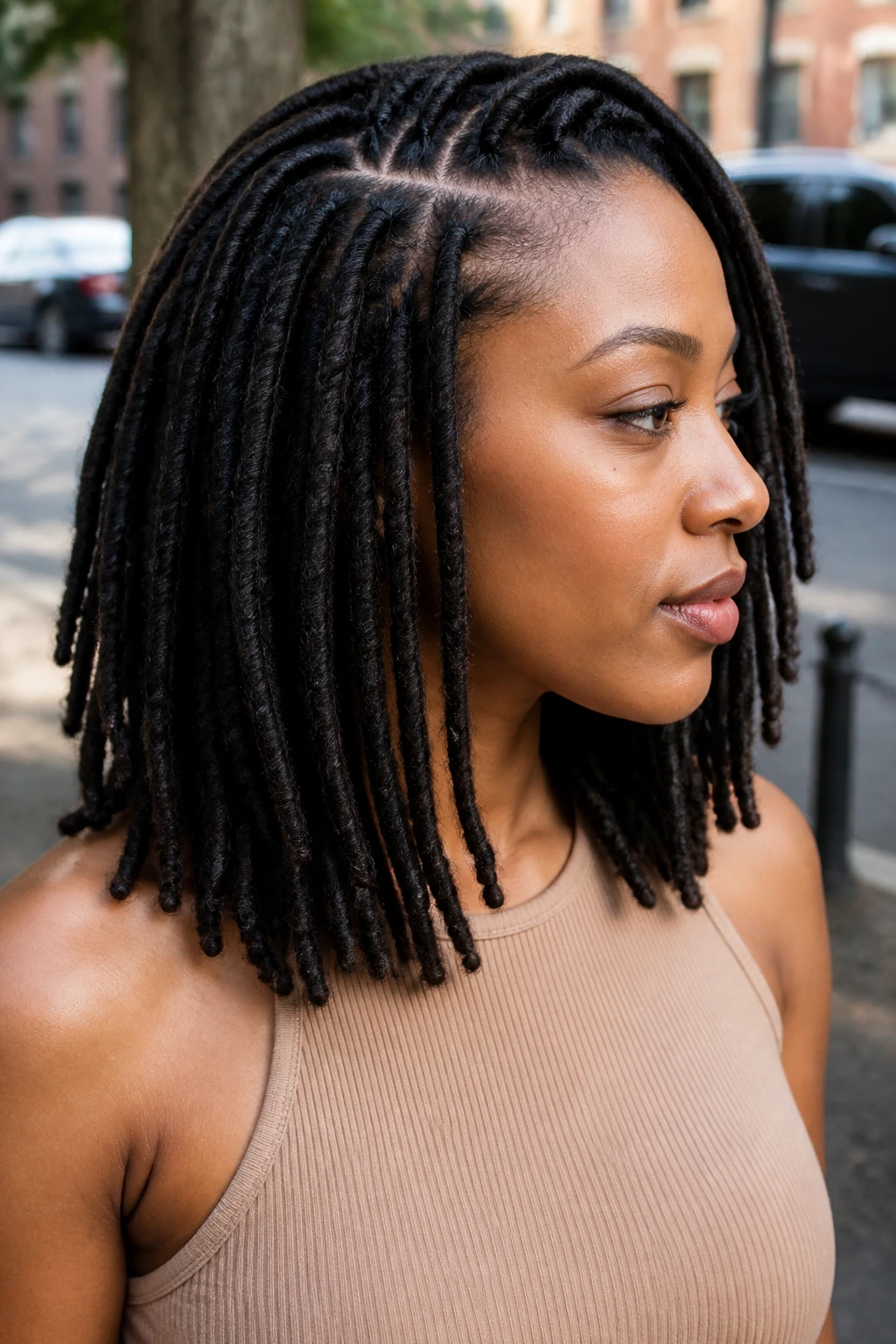 Close-up of a real Black woman with shoulder-grazing faux locs
