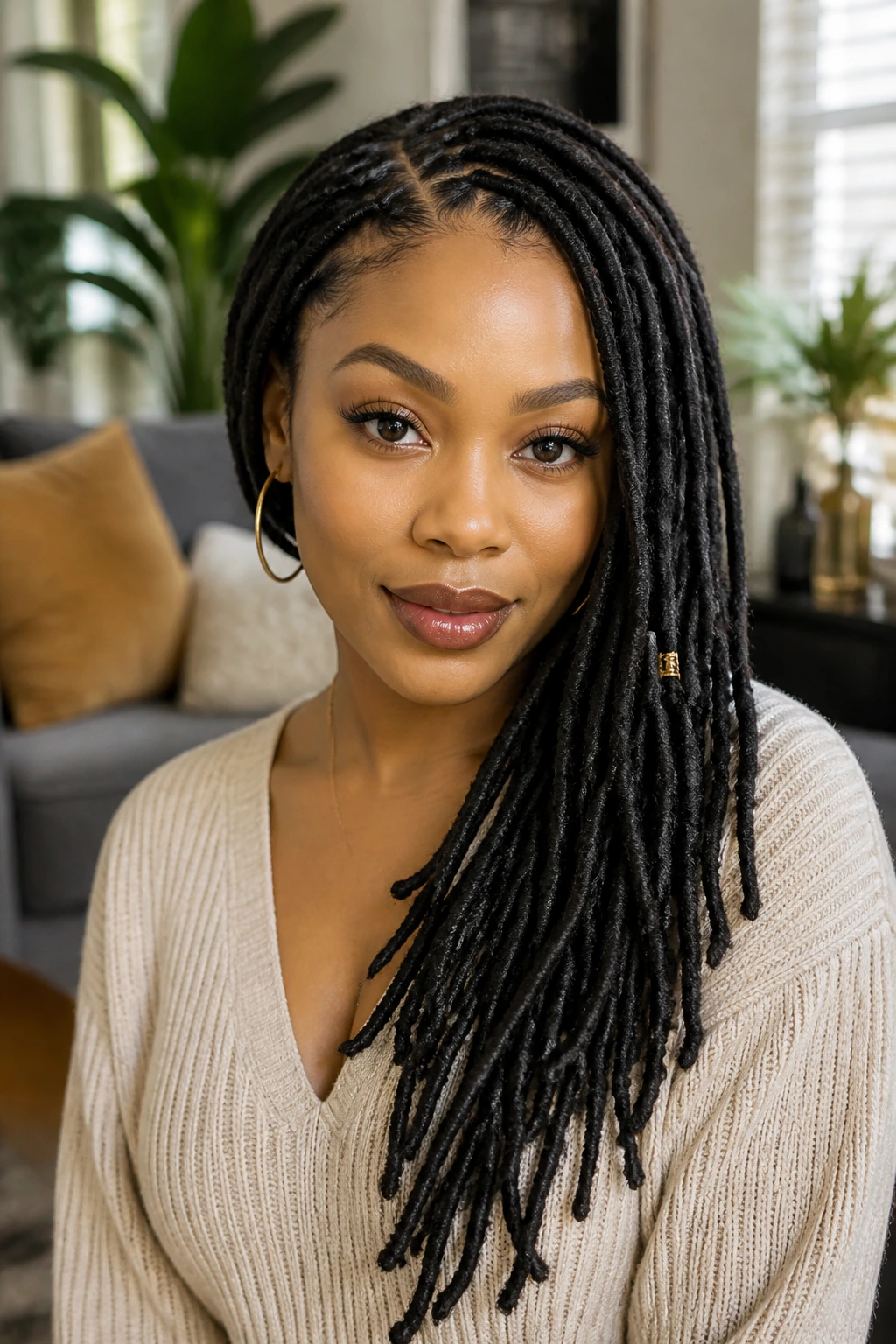 Real woman with faux locs swept over one shoulder
