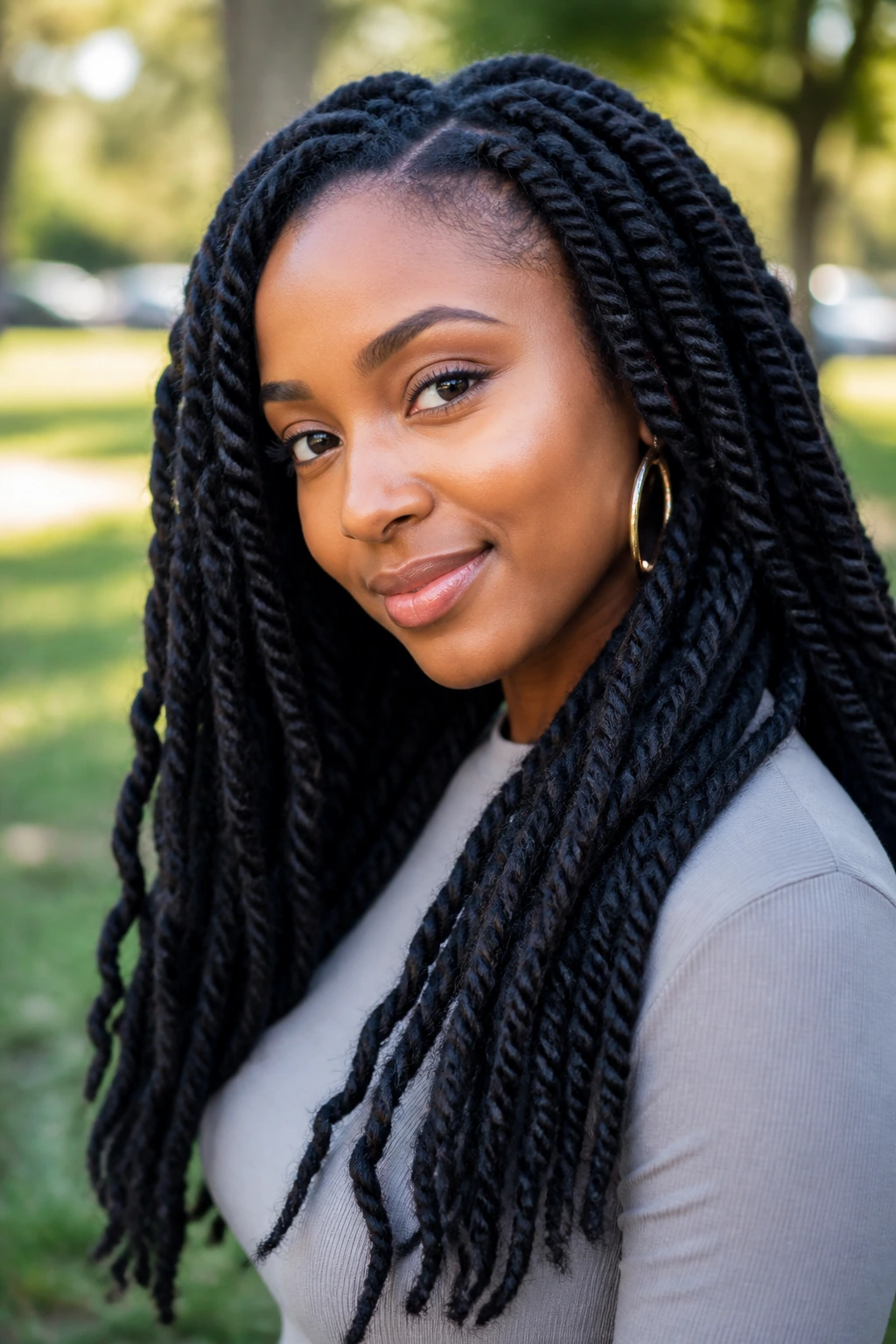 Real person wearing thick two-strand twist faux locs in outdoor light