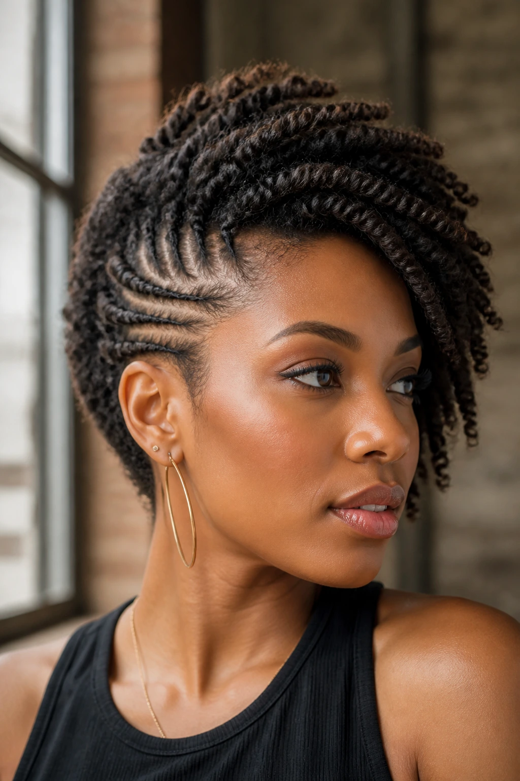 Real person with faux side shave twists showing flat side and voluminous opposite.