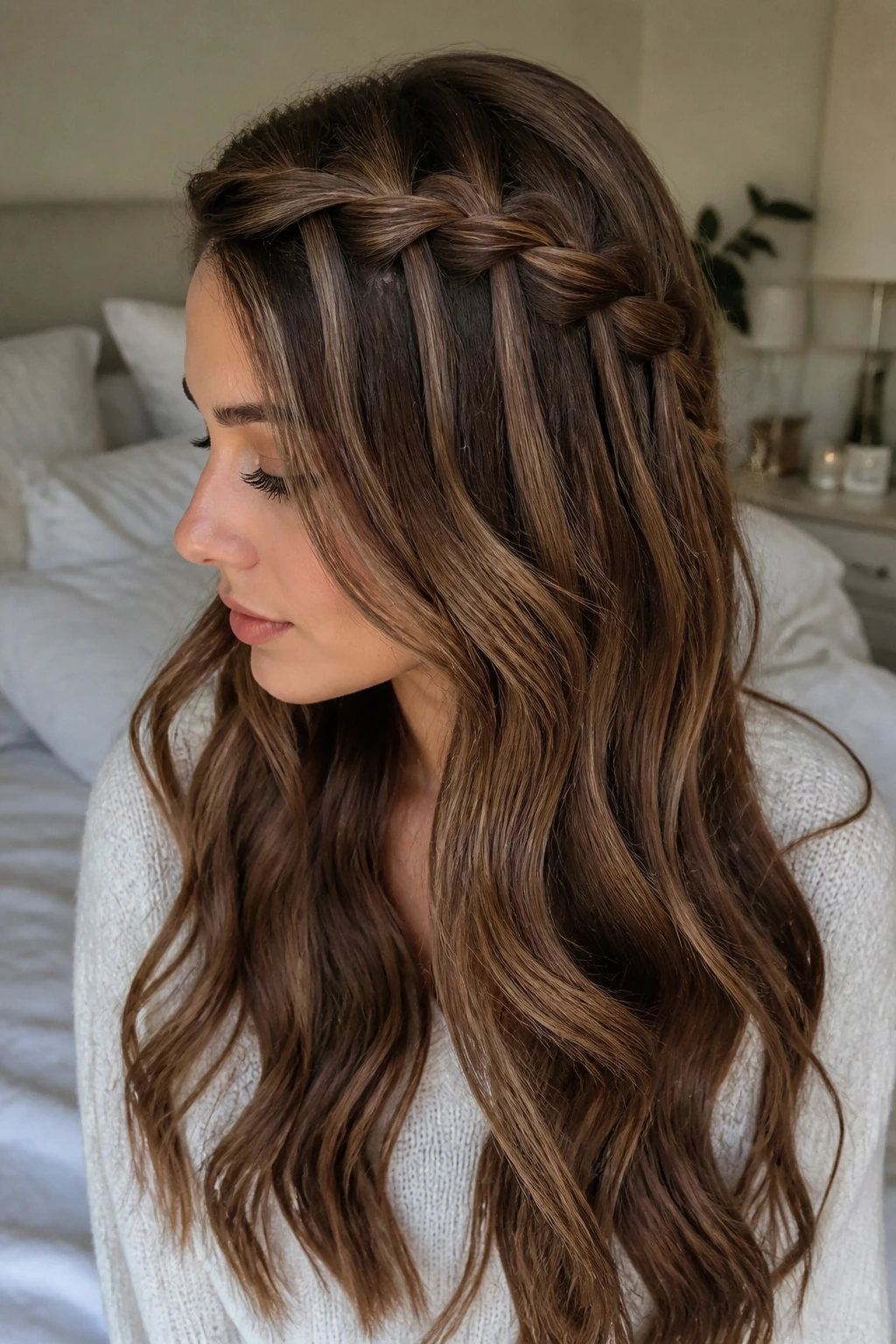 Portrait of a woman with a faux waterfall braid over loose waves