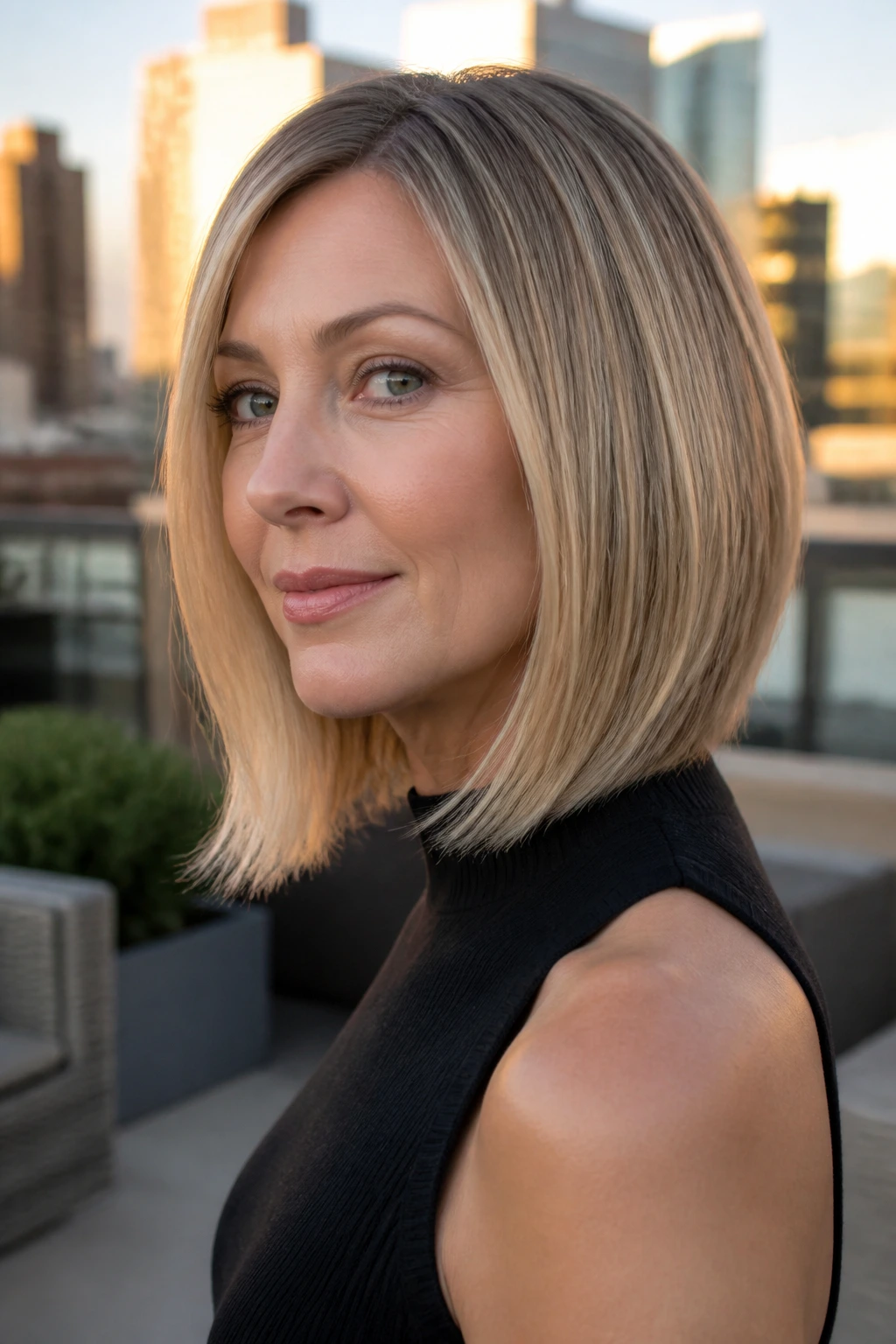 Close-up portrait of a real woman with a feather-edge lob for movement