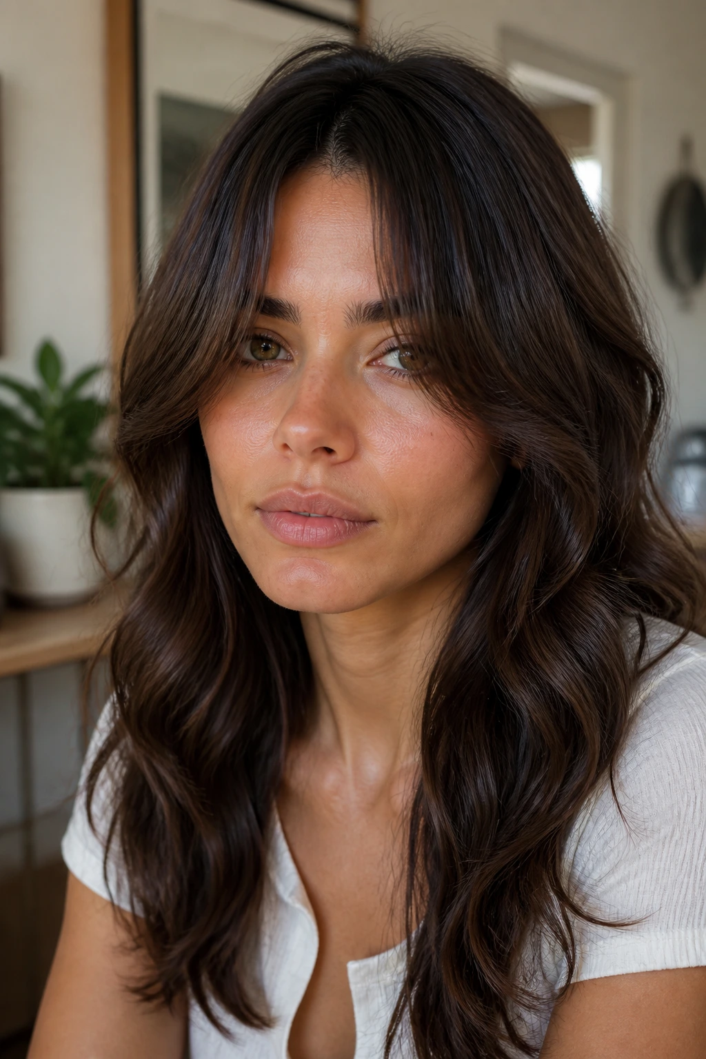 Close-up portrait of a real person with a middle-part feather fringe in natural light