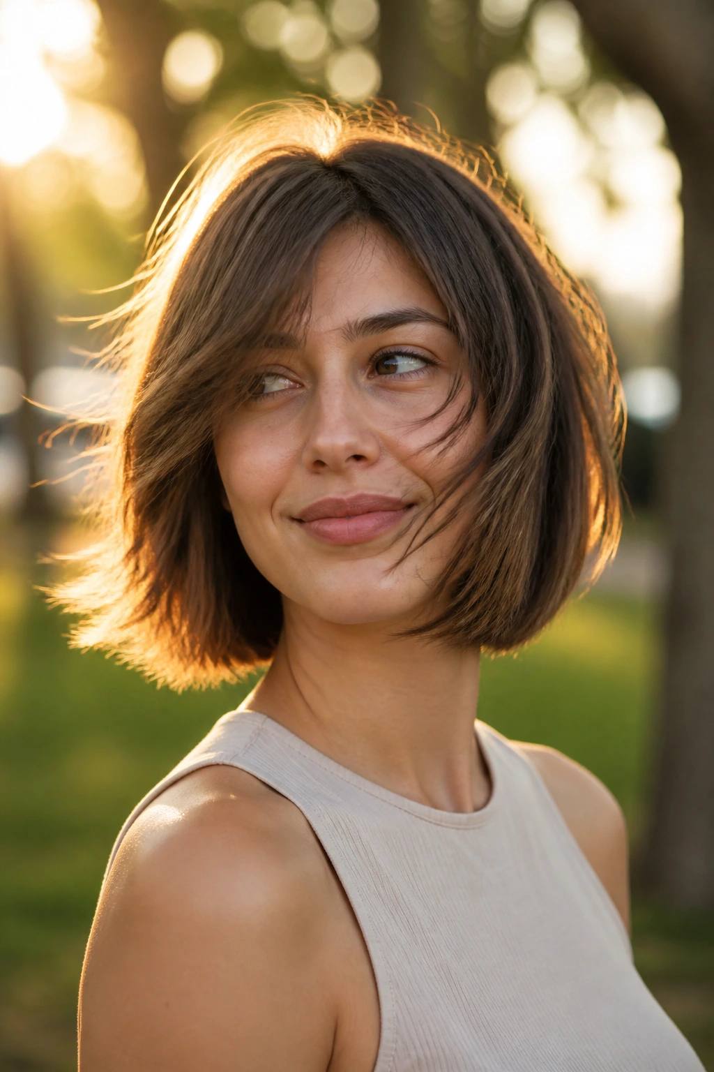 Real woman with feather-light bob showing airy movement outdoors