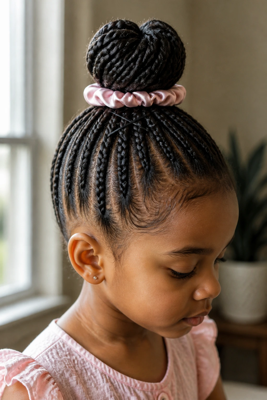 Close-up of a real child with a compact feather-light high crown bun