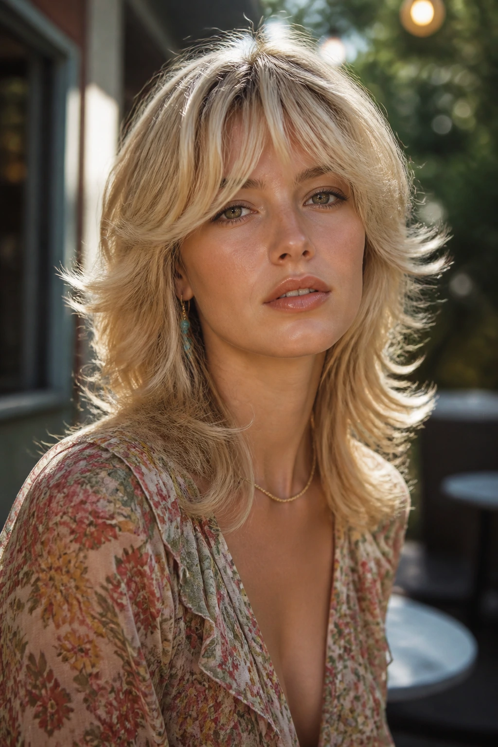 Portrait of a woman with seventies feather shag in retro style.