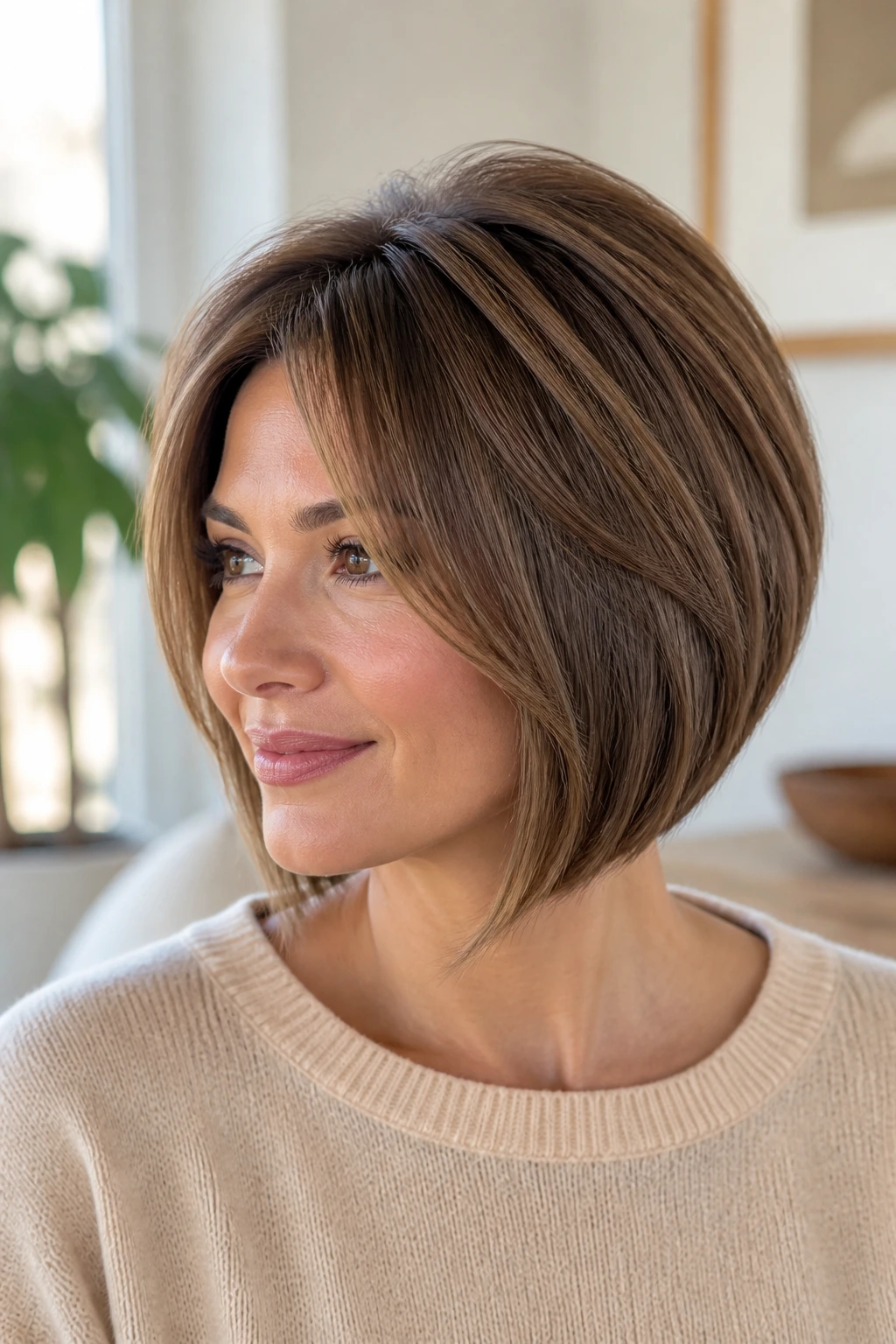 Close-up portrait of a real woman with feathered A-Line bob and soft crown