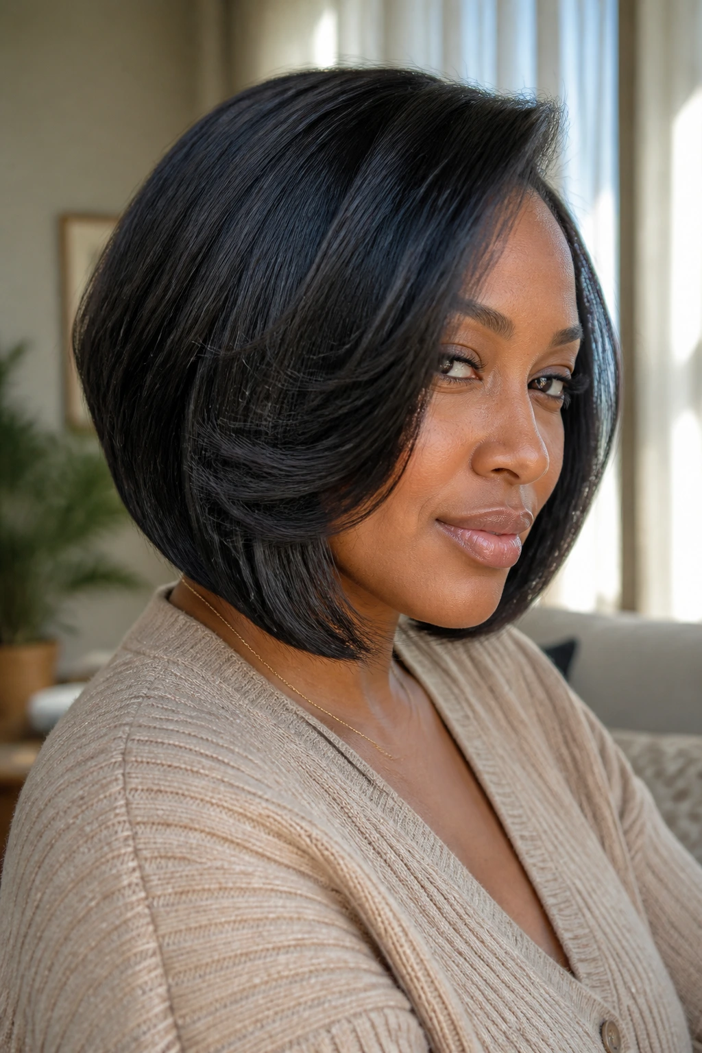Close-up portrait of a real Black woman with a feathered angled bob and thick hair