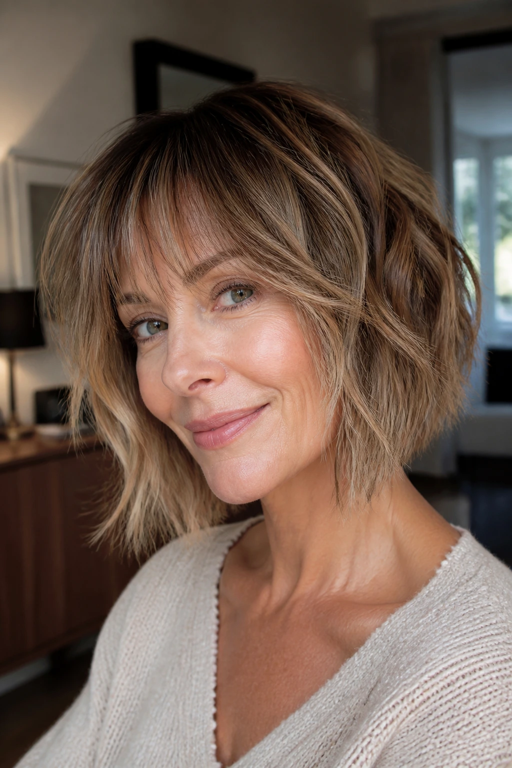 Real woman with feathered angled bob and wispy fringe in soft light
