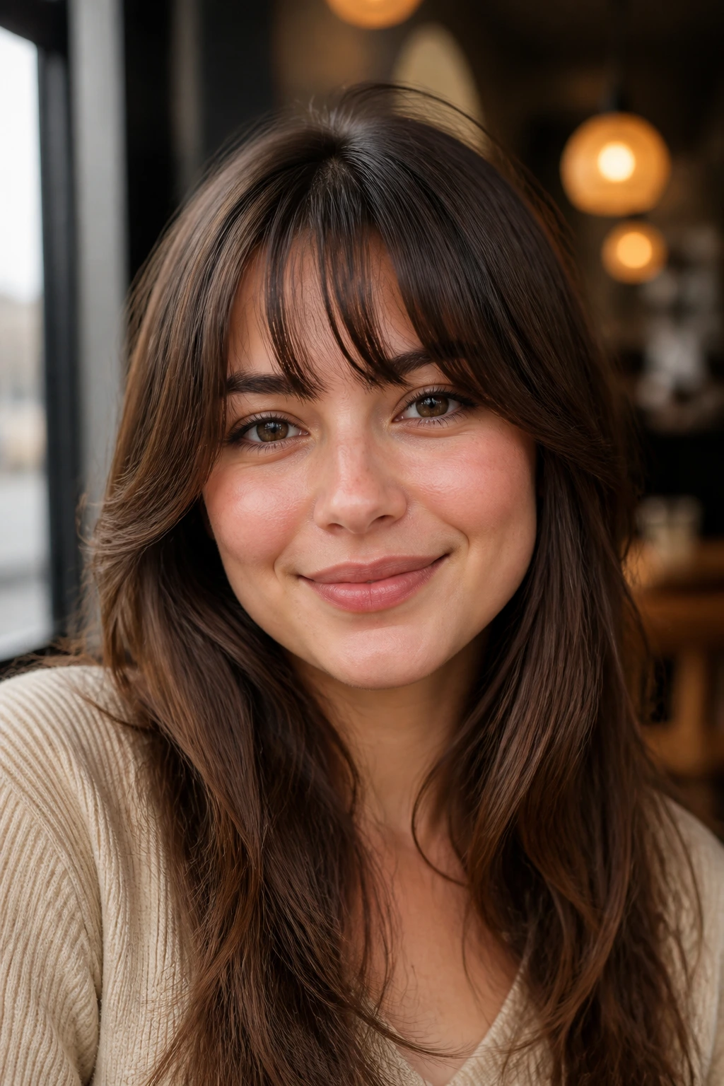 Portrait of a woman wearing feathered arc bangs across the forehead in a cafe-like setting.