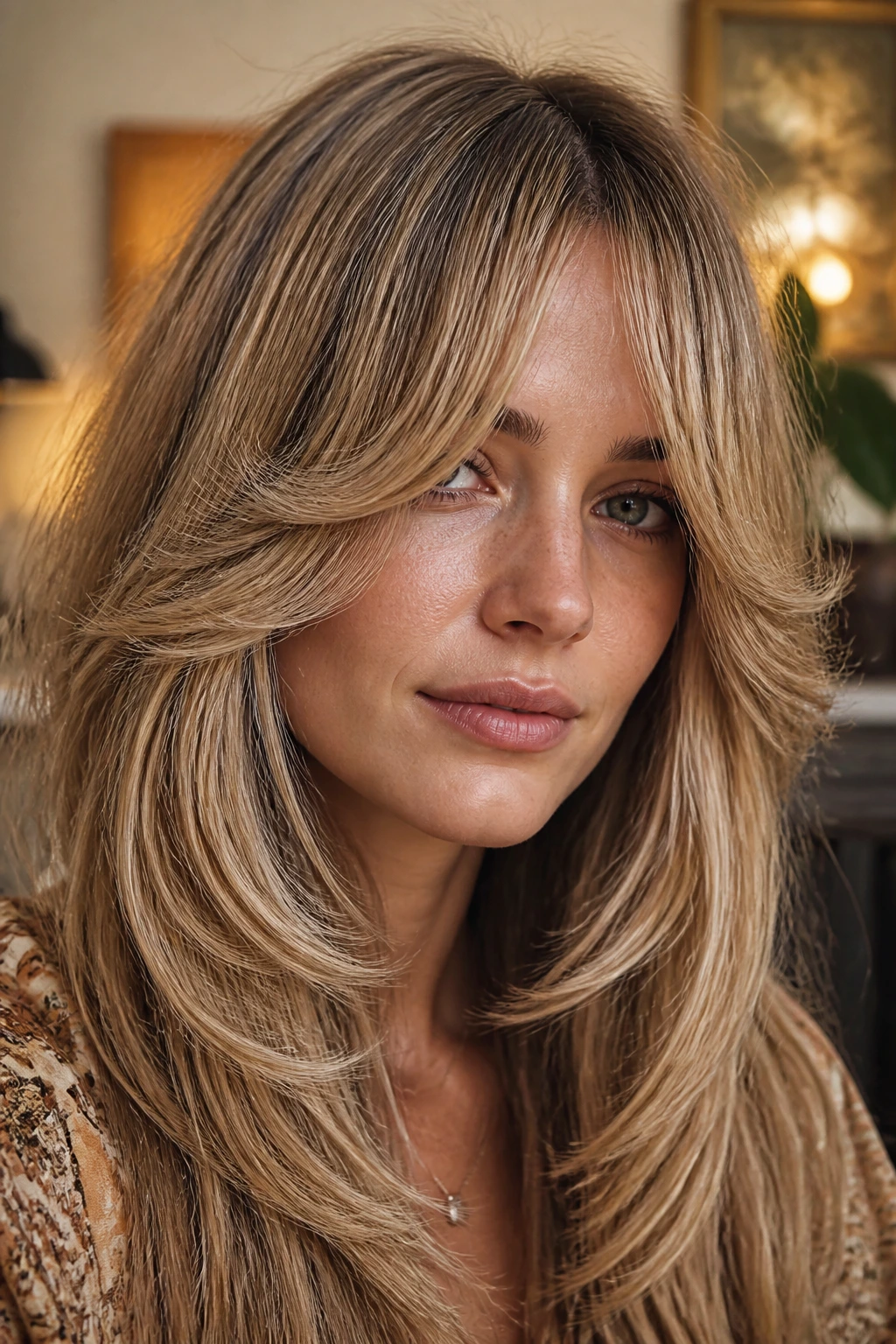 Portrait of woman with feathered 70s bangs and soft flip
