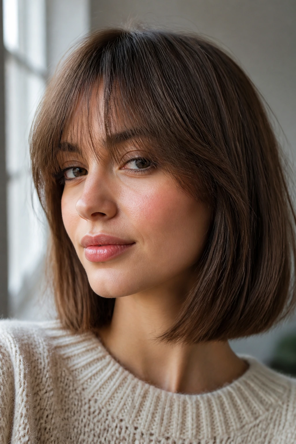 Close-up of a woman showing feathered bangs with blunt ends