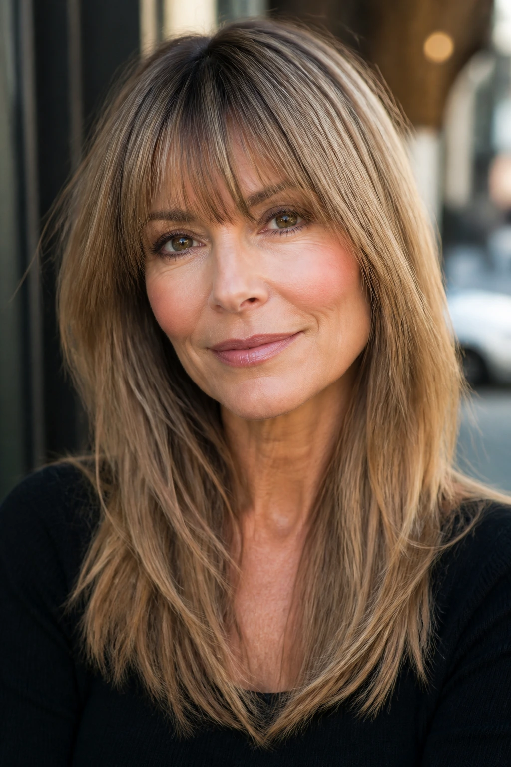 Close-up portrait of a real woman with feathered bangs skim browsing brows on a real woman