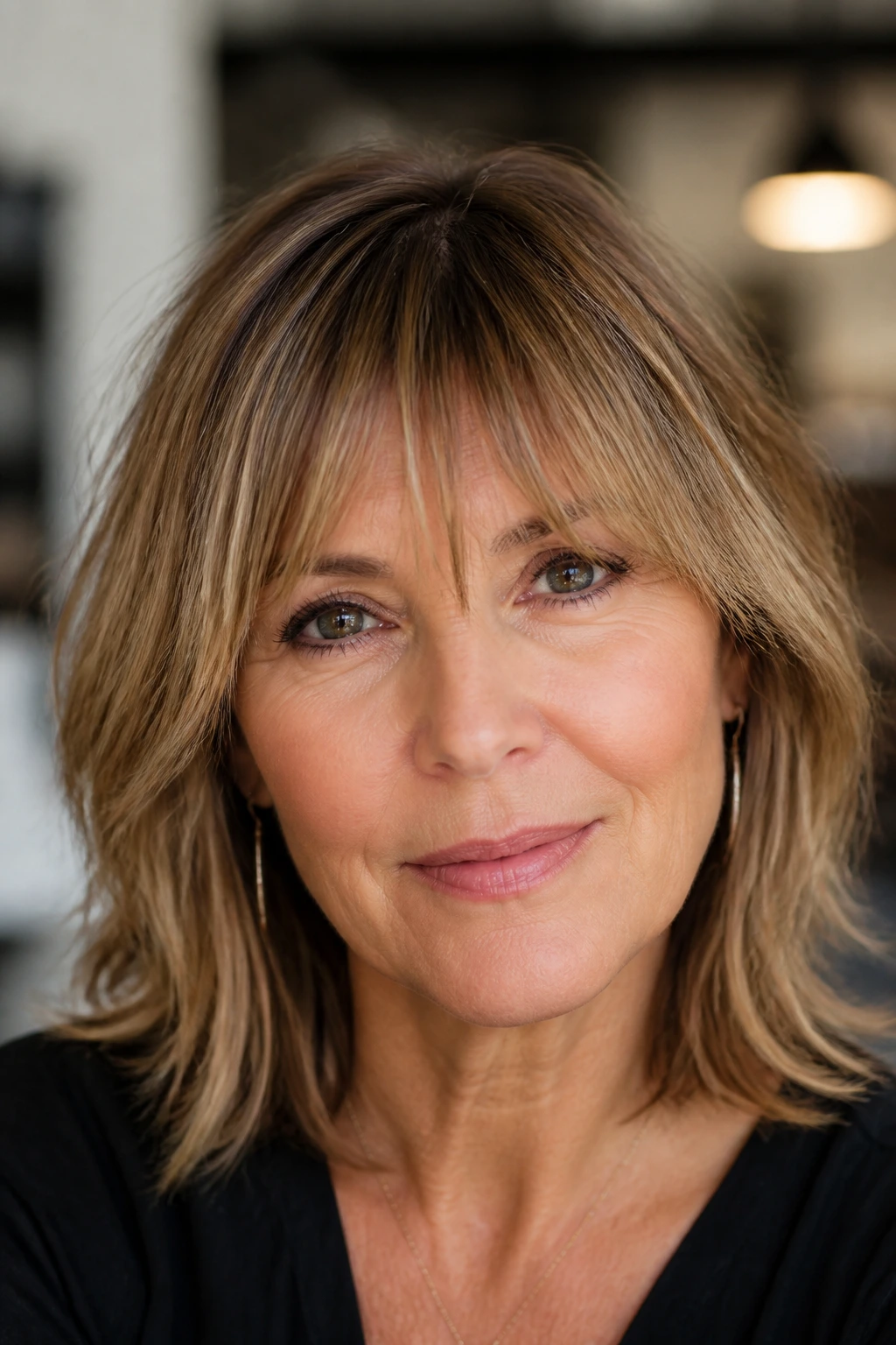 Close-up portrait of a real woman with brow-grazing feathered bangs in soft indoor light